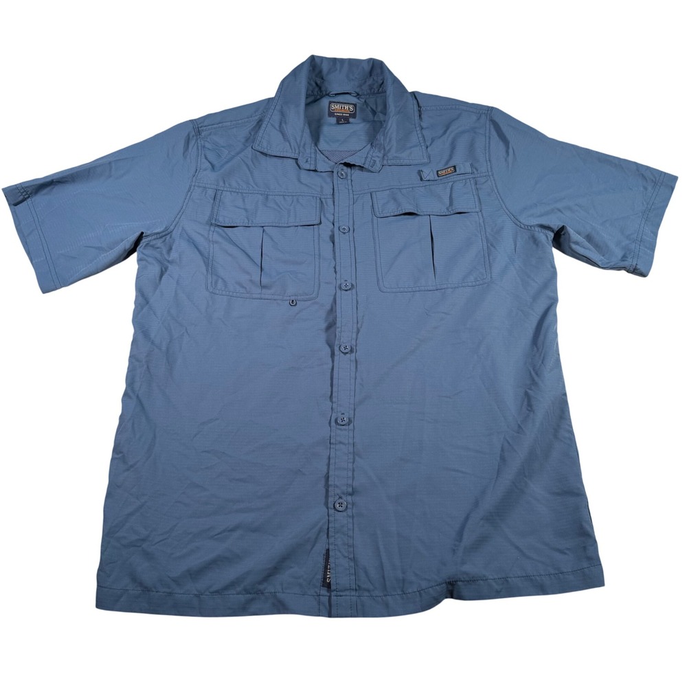 Smith's Workwear Fishing Shirt Mens Large Blue‎ Short Sleeve Camp Utility Vented